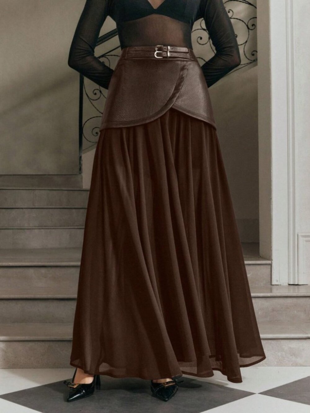 Brown Faux Leather Belted Maxi Skirt with Semi-Sheer Flowy Panel